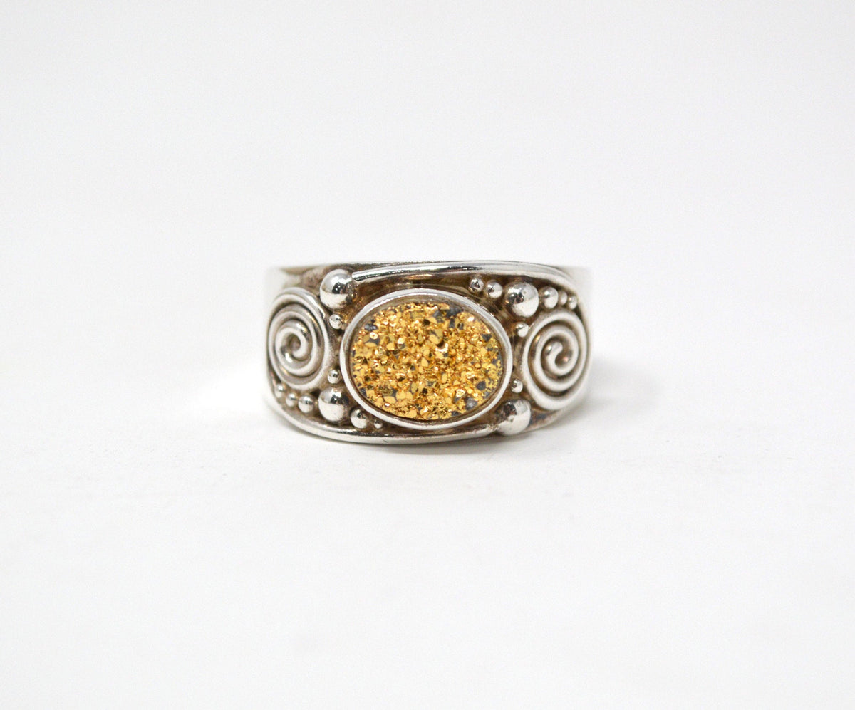 Vintage Designer Sajen Gold Druzy Sterling Silver Adjustable Ring - Size 10