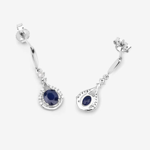 0.86 Carat Genuine Blue Sapphire and White Diamond 14K White Gold Earrings