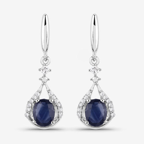 0.86 Carat Genuine Blue Sapphire and White Diamond 14K White Gold Earrings