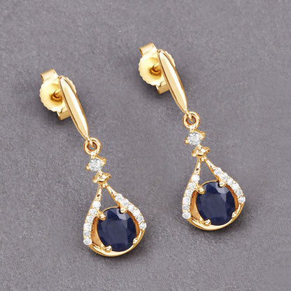 0.86 Carat Genuine Blue Sapphire and White Diamond 14K Yellow Gold Earrings