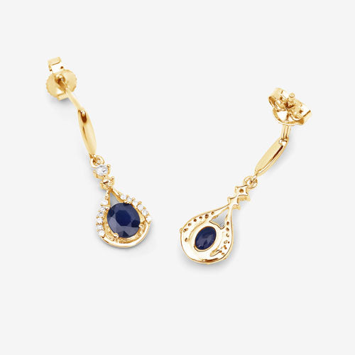 0.86 Carat Genuine Blue Sapphire and White Diamond 14K Yellow Gold Earrings