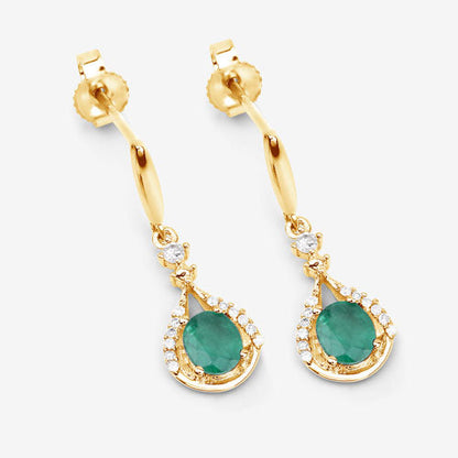 0.70 Carat Genuine Zambian Emerald and White Diamond 14K Yellow Gold Earrings
