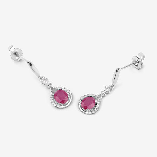 0.70 Carat Genuine Ruby and White Diamond 14K White Gold Earrings