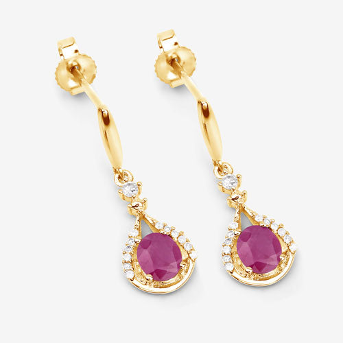 0.70 Carat Genuine Ruby and White Diamond 14K Yellow Gold Earrings