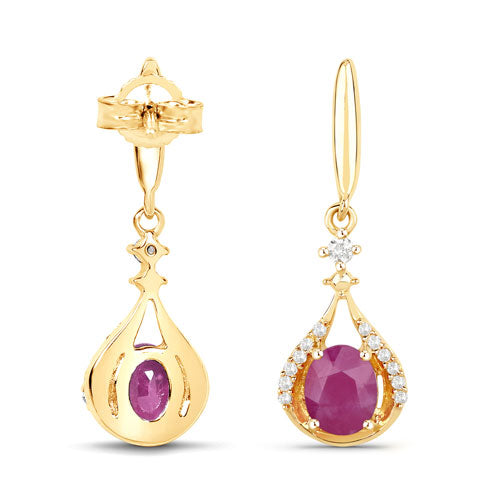 0.70 Carat Genuine Ruby and White Diamond 14K Yellow Gold Earrings