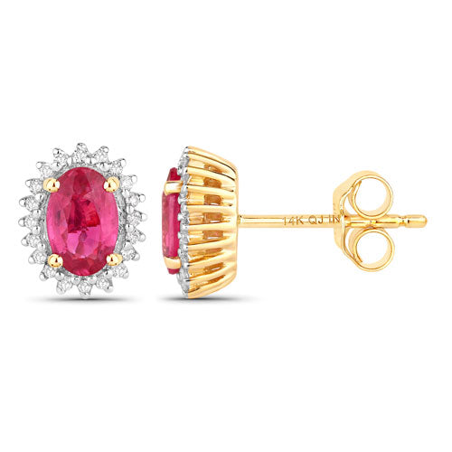 1.16 Carat Genuine Ruby and White Diamond 14K Yellow Gold Earrings