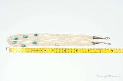 Vintage Native American Turquoise & Pearl Sterling Silver Bead Necklace