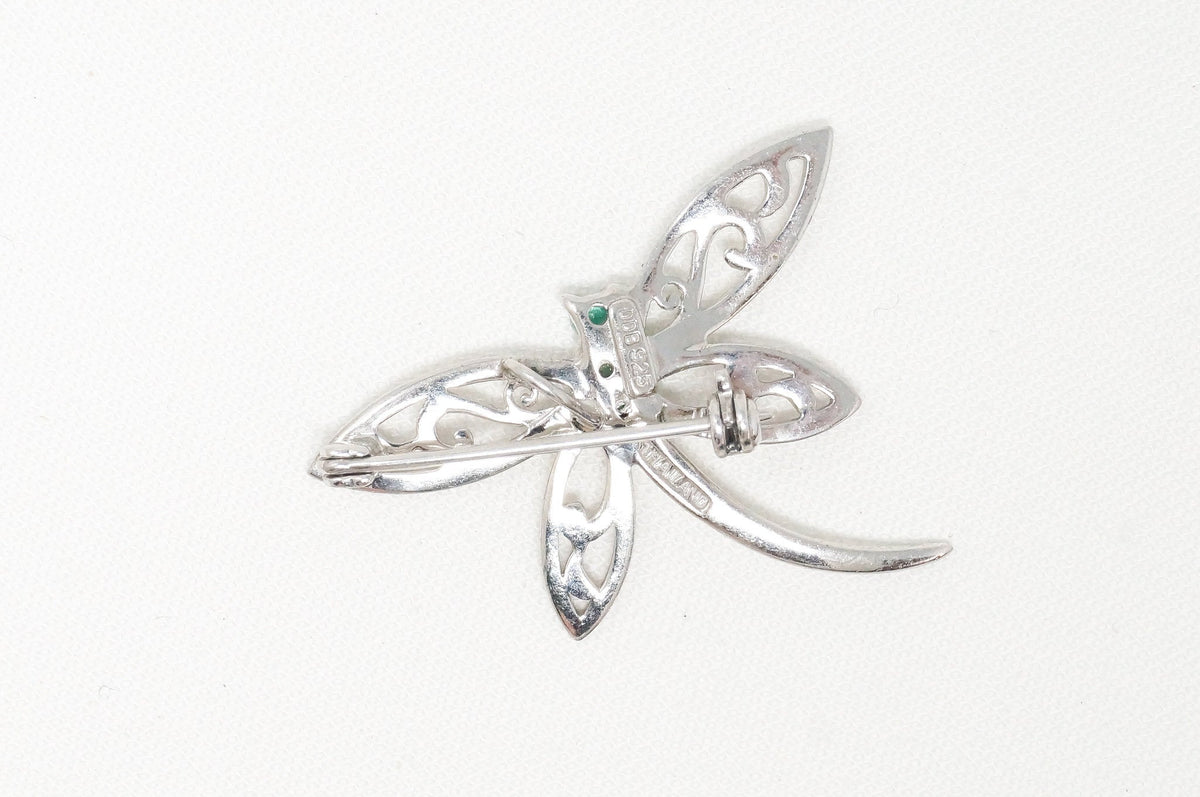 Vintage Emerald Dragonfly Sterling Silver Necklace Pendant