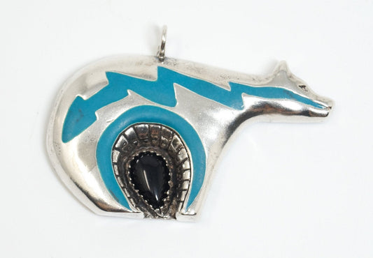 Vintage Native American Black Onyx Enamel Bear Sterling Silver Necklace Pendant — photo 1 of 10