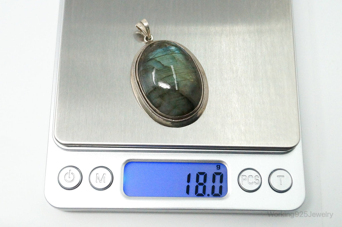 Vintage Large Labradorite Sterling Silver Necklace Pendant