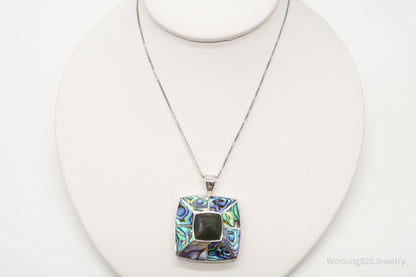 Vintage Paua Abalone Shell Green Stone Sterling Silver Necklace