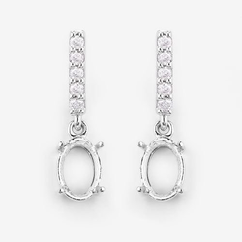 0.14 Carat Genuine White Diamond 14K White Gold Semi Mount Earrings - holds 7x5mm Oval Gemstones