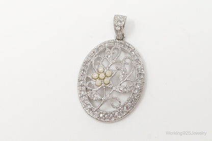 Large Vintage Faux Pearl Cubic Zirconia Sterling Silver Pendant