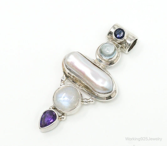 Large SJ Amethyst Blue Topaz Moonstone Iolite Sterling Silver Pendant