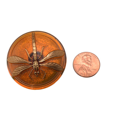 Czech Glass Dragonfly Button 40mm - Amber Orange with Gold Lustre Shank Button