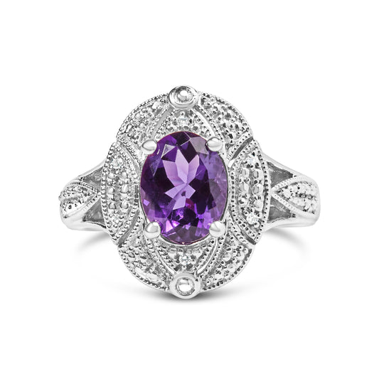 .925 Sterling Silver 9x7mm Oval Purple Amethyst and Diamond Accent Art Deco Style Cocktail Ring (I-J Color, I1-I2 Clarity) - Size 6 — photo 1 of 10