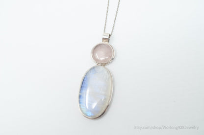 Vintage Large Moonstone Rose Quartz Sterling Silver Southwestern Necklace