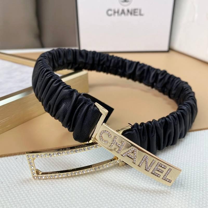 Chanel Logo Buckle Elastic Belt Leather with Metal and Crystals 'Black'