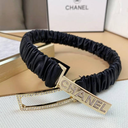 Chanel Logo Buckle Elastic Belt Leather with Metal and Crystals 'Black'