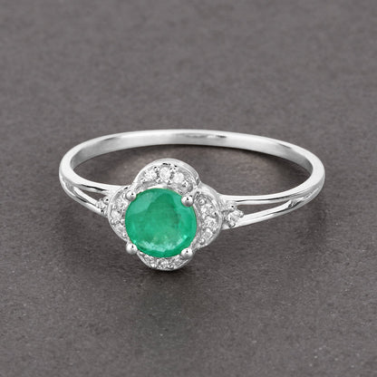 0.46 Carat Genuine Zambian Emerald and White Diamond 14K White Gold Ring