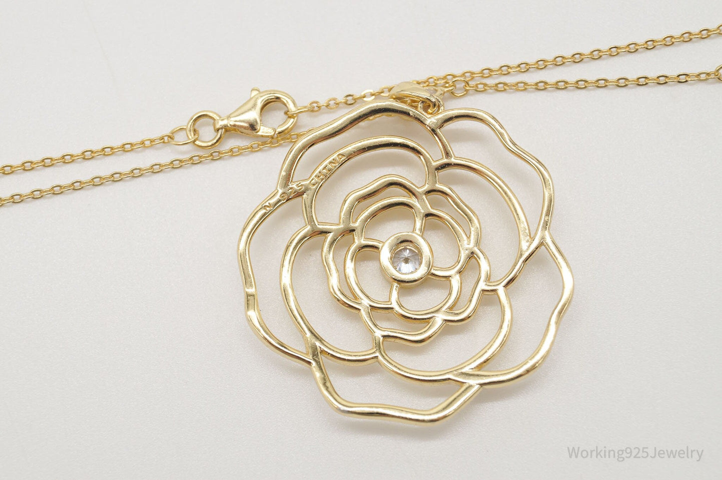 Vintage Cubic Zirconia Gold Vermeil Sterling Silver Flower Necklace 18"