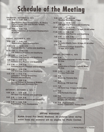 F1 1974 USGP Watkins Glen Program
