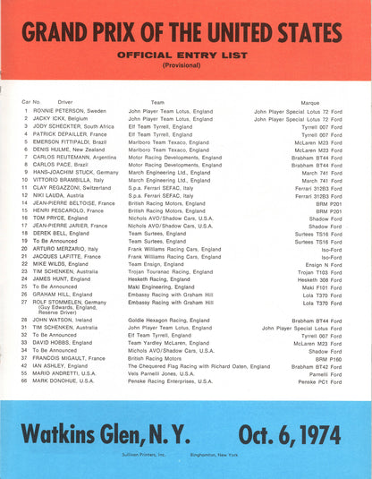F1 1974 USGP Watkins Glen Program
