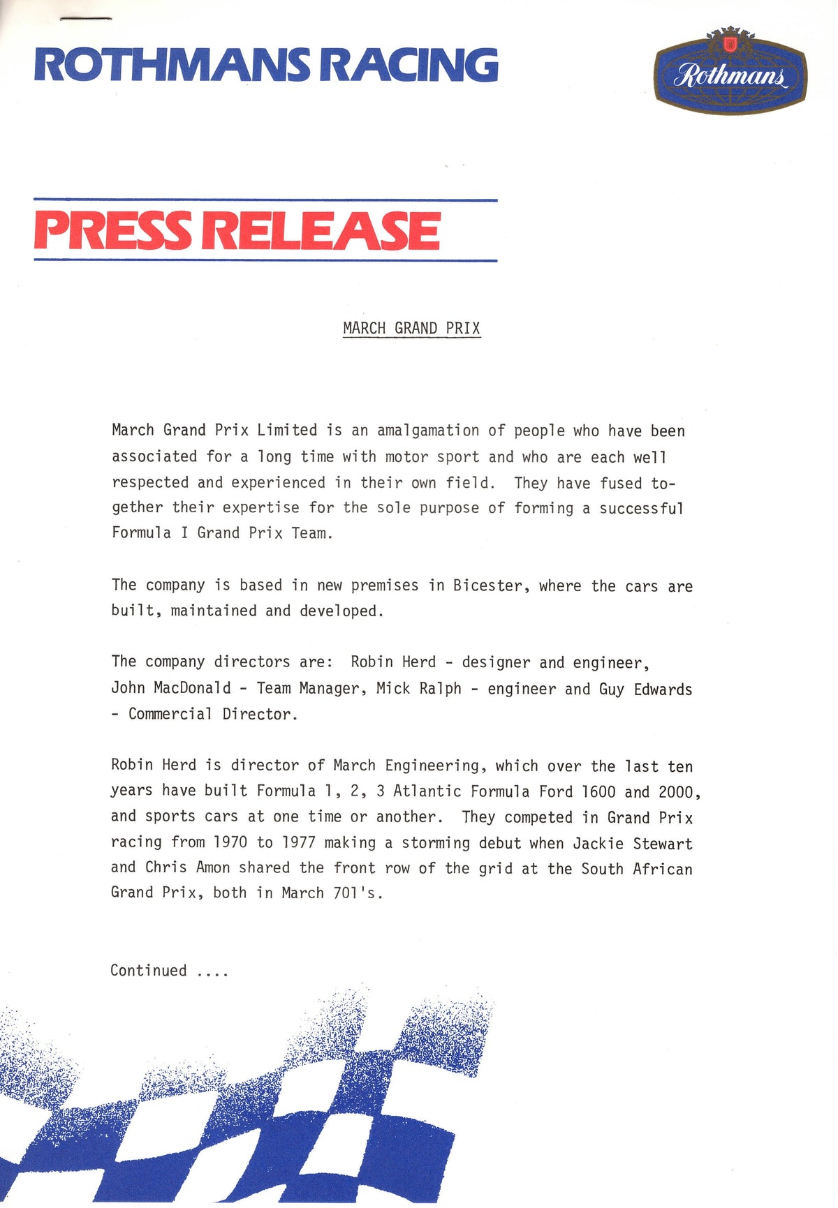 F1 1982 US Grand Prix Detroit Team Rothmans March Press Kit