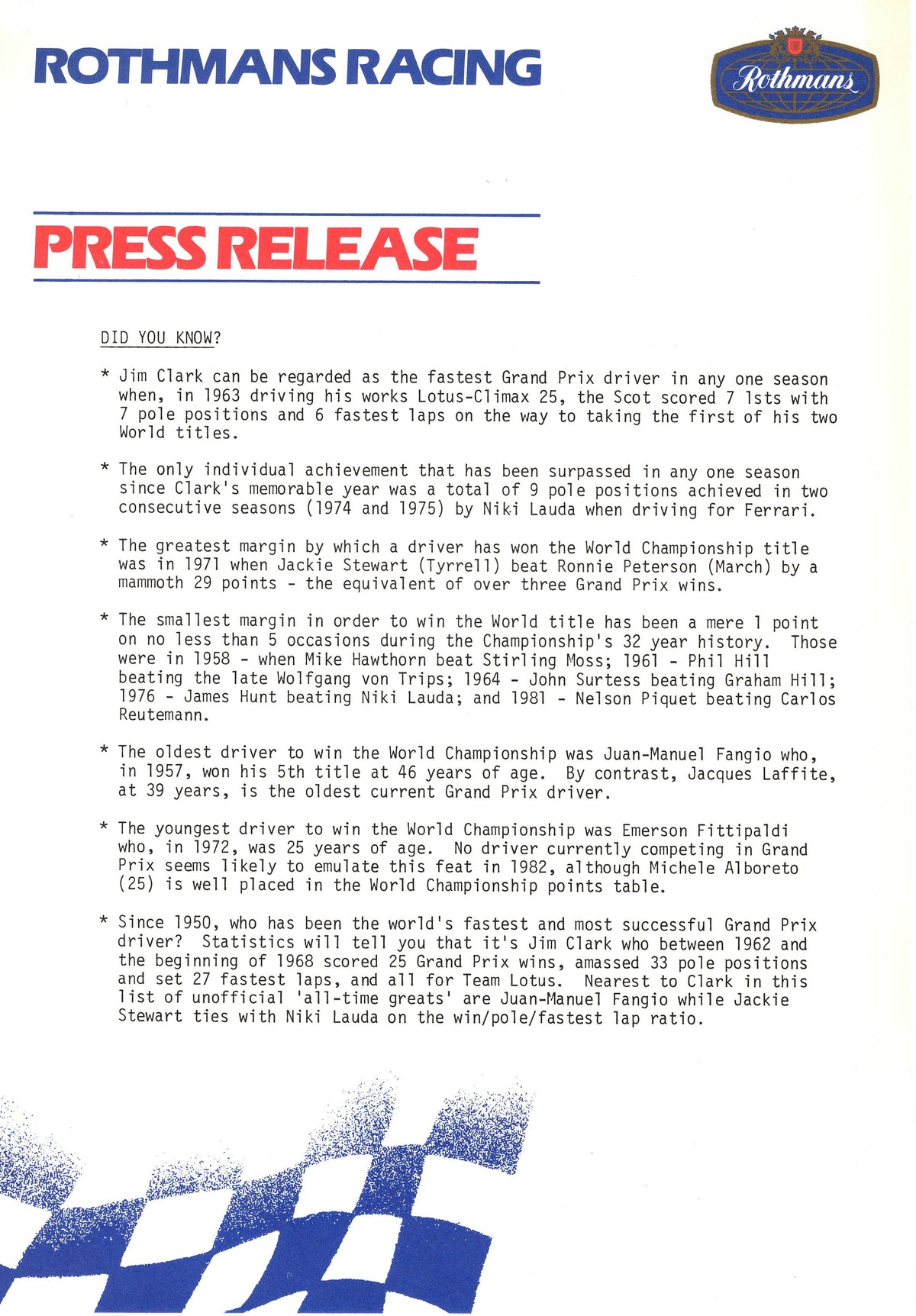 F1 1982 US Grand Prix Detroit Team Rothmans March Press Kit