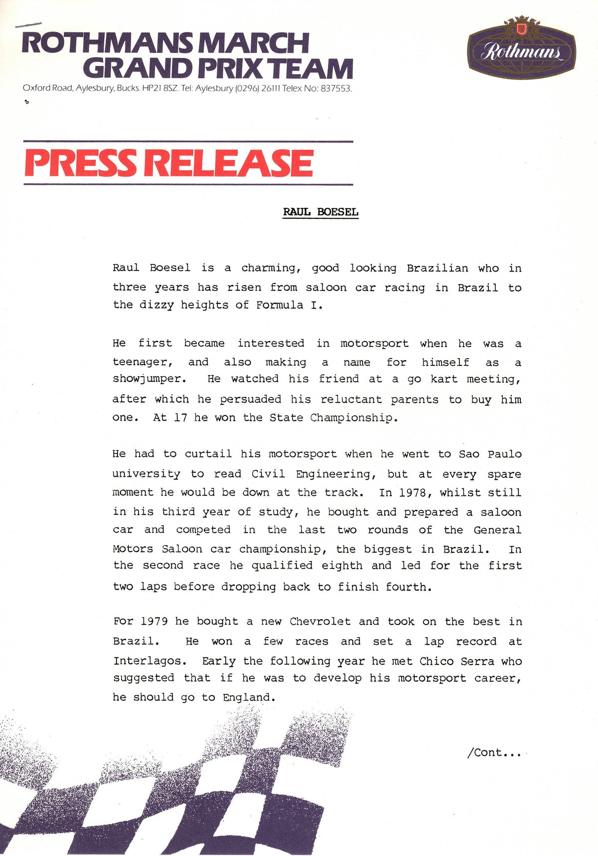 F1 1982 US Grand Prix Las Vegas Team Rothmans March Press Kit