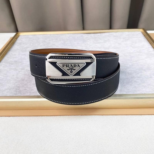 Prada Leather Belt Brushed Silver Buckle 'Black'