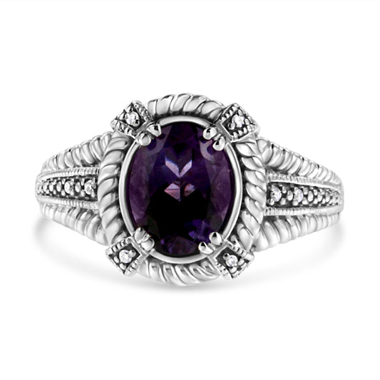 .925 Sterling Silver Prong Set Natural Oval Shape 9X7 MM Purple Amethyst Solitaire and Diamond Accent Ring (I-J Color, I1-I2 Clarity) - Ring Size 7 — photo 2 of 10