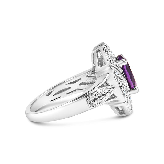 .925 Sterling Silver 9x7mm Oval Purple Amethyst and Diamond Accent Art Deco Style Cocktail Ring (I-J Color, I1-I2 Clarity) - Size 6 — photo 2 of 10