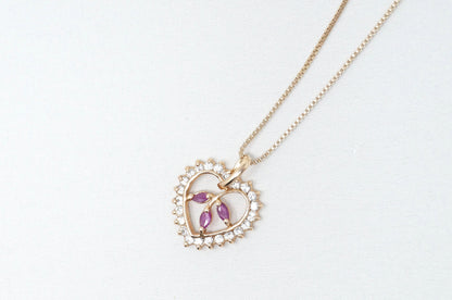 Vtg Ruby Simulated Heart Accented Rose Gold Vermeil Sterling Silver Necklace 18"