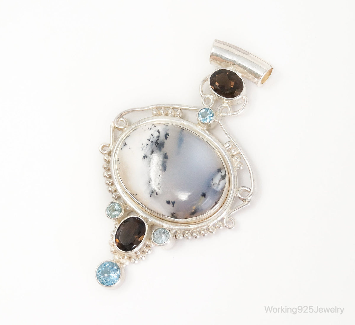 Large SAJEN Dendritic Agate Smoky Topaz Blue Topaz Sterling Silver Pendant