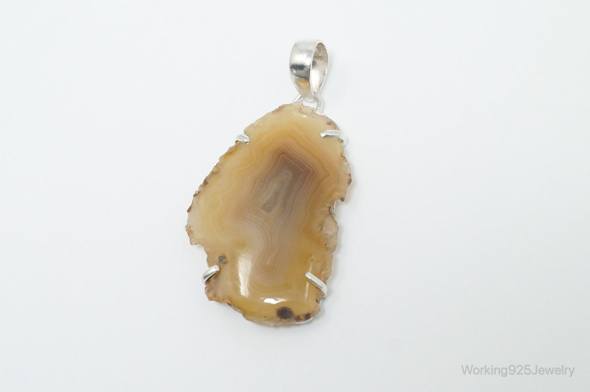 Large Vintage Brown Crazy Lace Agate Sterling Silver Necklace Pendant