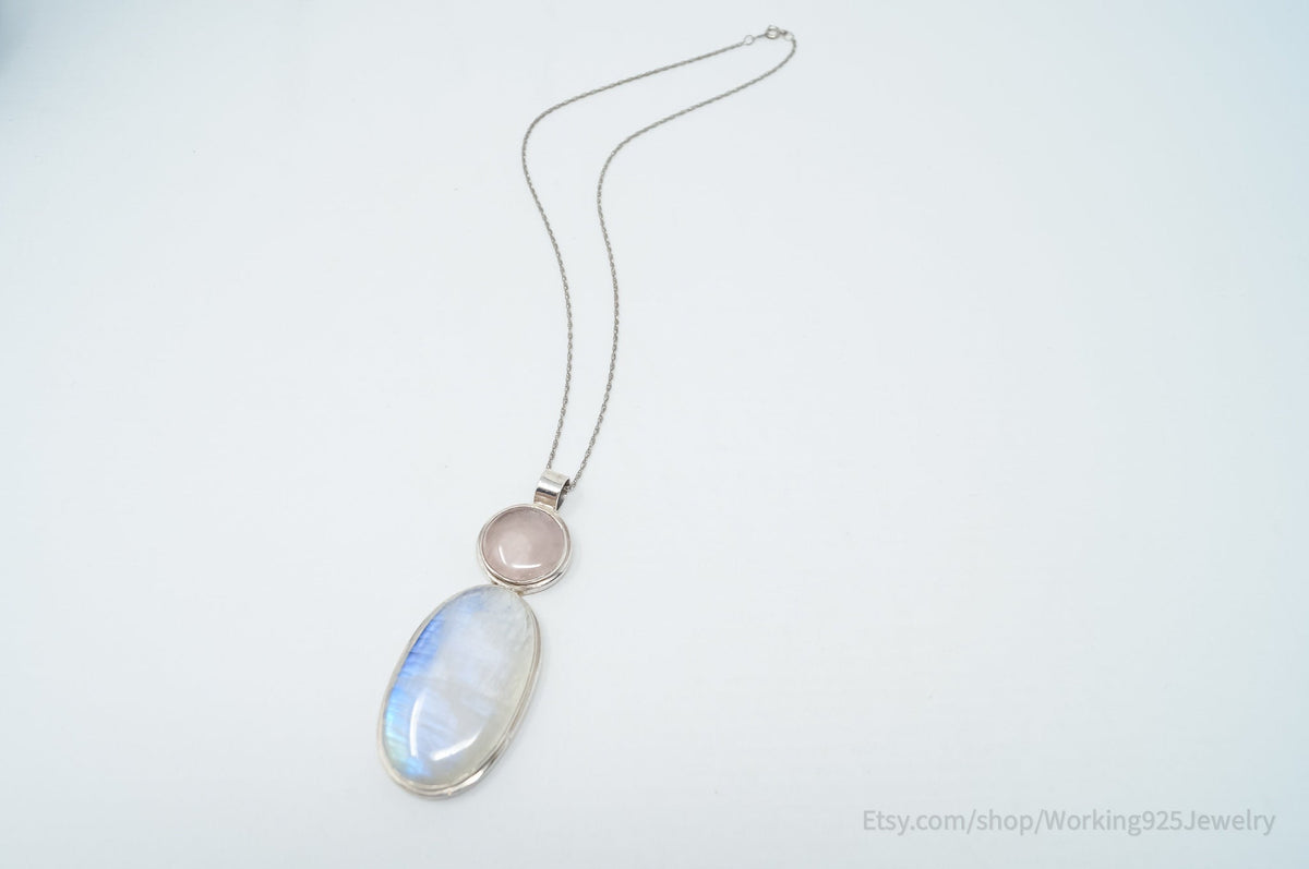 Vintage Large Moonstone Rose Quartz Sterling Silver Southwestern Necklace