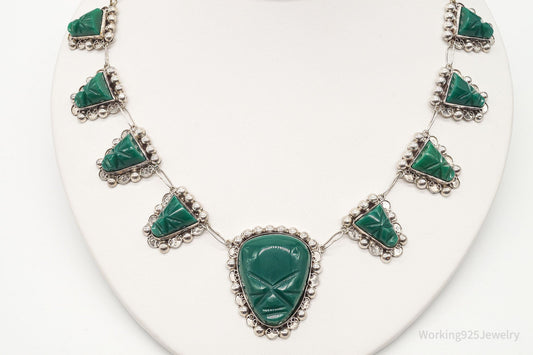 Vintage Mexico Green Onyx Carved Masks Sterling Silver Necklace — photo 1 of 9