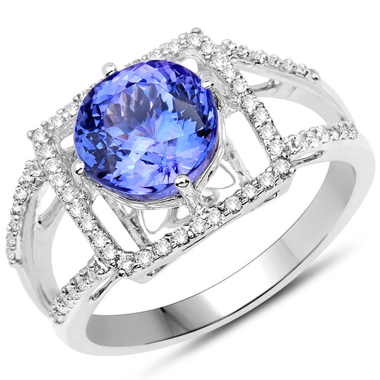 14K White Gold 3.26 Carat Genuine Tanzanite and White Diamond Ring