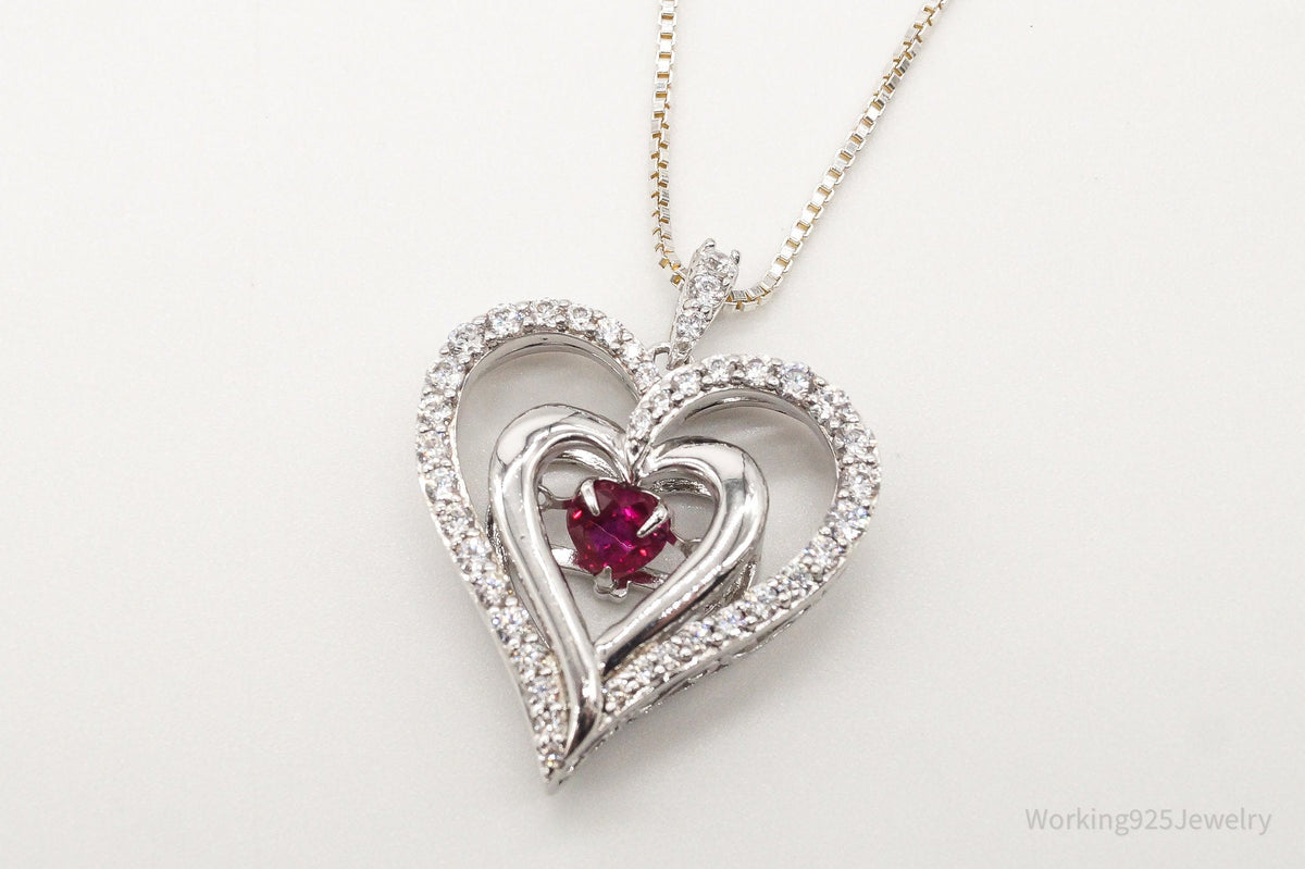 Vintage Designer SUN Ruby Cubic Zirconia Heart Sterling Silver Necklace