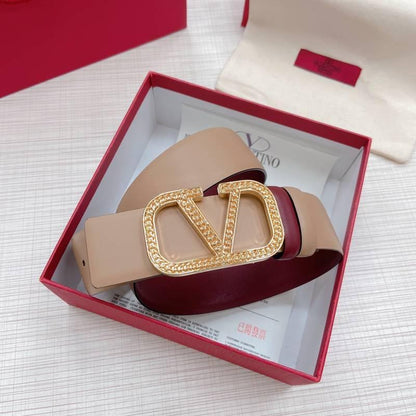 Valentino V logo Hammered Buckle Reversible Wide Signature Belt 'Beige/Red'