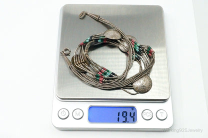 Vintage Native American Multi Gem Bead Kachina Sterling Silver Necklace
