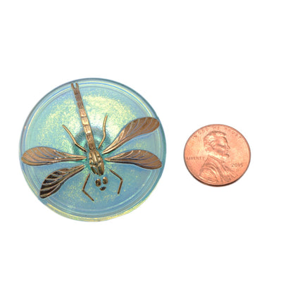 Czech Glass Dragonfly Button 40mm - Aqua Blue with Golden Iridescent Finish