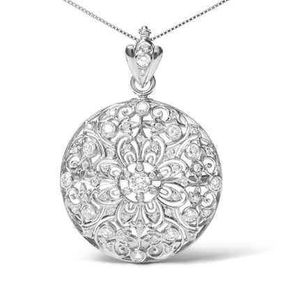 18K White Gold 1 5/6 Cttw Diamond Cluster Floral Filigree Brooch Pin and 18" Pendant Necklace (G-H Color, I1-I2 Clarity)