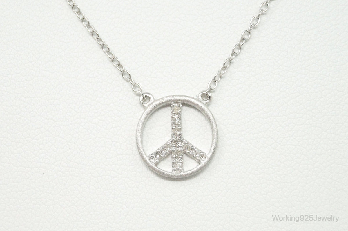 Vintage Cubic Zirconia Peace Sign Sterling Silver Necklace