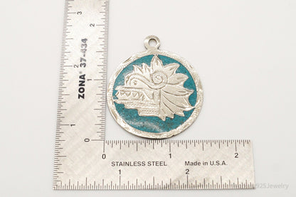 Vintage Large Mexico Mayan Aztec Warrior Mask Turquoise Alpaca Silver Pendant