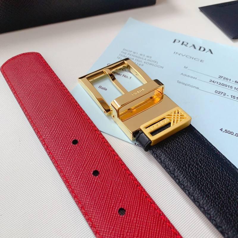 Prada Leather Reversible Belt With Triple Bucles 'Red/Black'