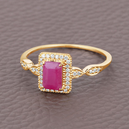 0.75 Carat Genuine Ruby and White Diamond 14K Yellow Gold Ring