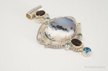 Large SAJEN Dendritic Agate Smoky Topaz Blue Topaz Sterling Silver Pendant