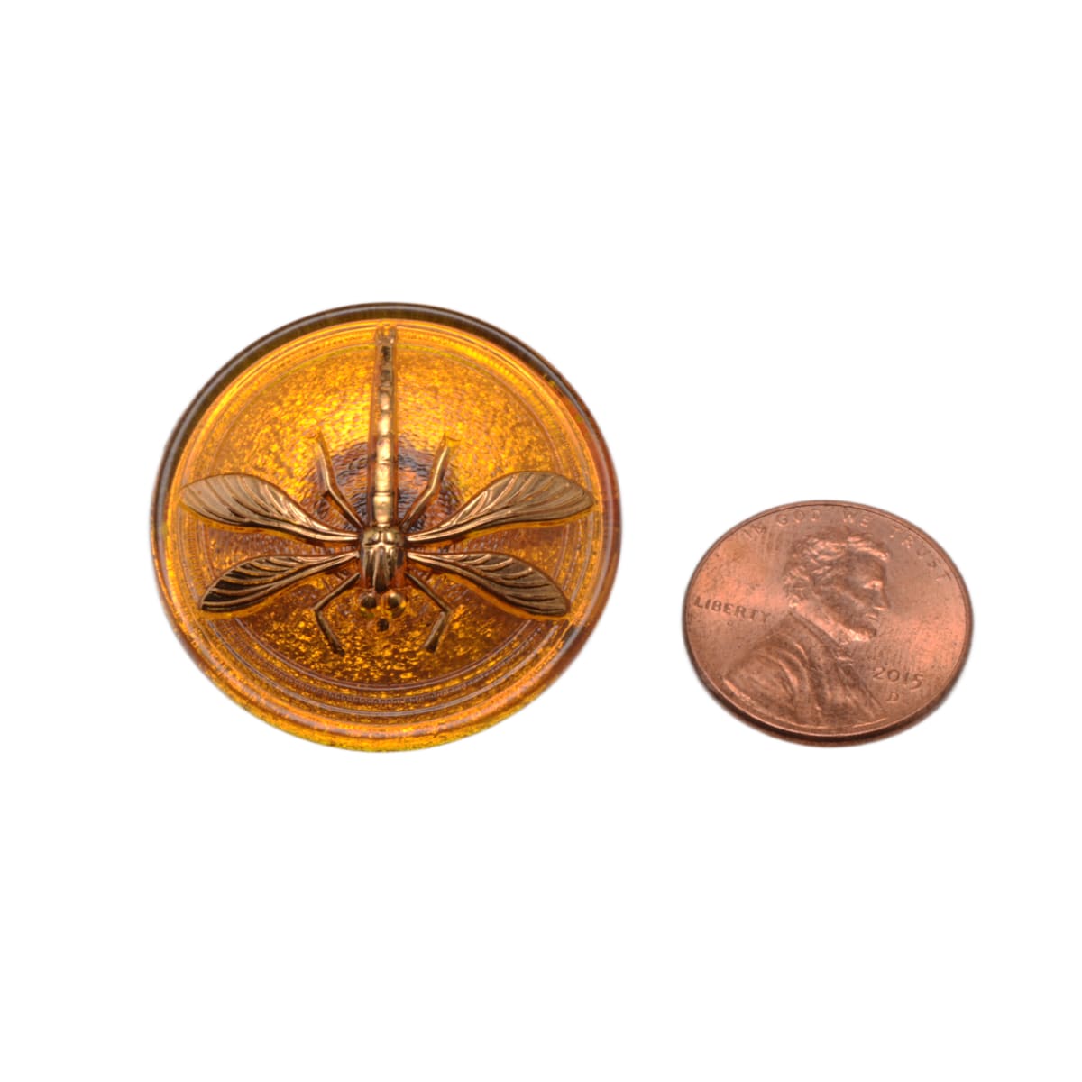Czech Glass Amber Dragonfly Button 31mm - Vintage Style Nature Motif